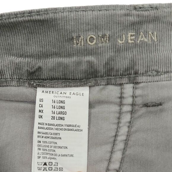 American Eagle Corduroy Mom Jean Womens 16 Long Gray Pleated Soft 100% Cotton - Picture 10 of 12